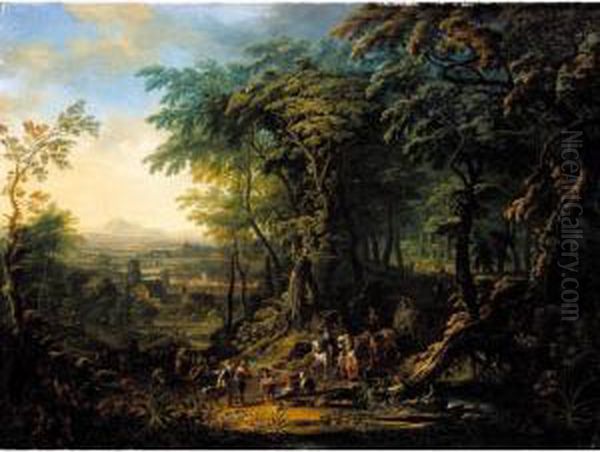 Travellers On A Forest Road Overlooking A City, A Distant Landscape Beyond Oil Painting by Frans Christoph Janneck