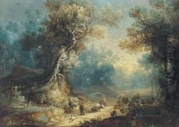 A Wooded Landscape With A Shepherd And Shepherdess At Rest On Atrack Oil Painting by Frans Christoph Janneck