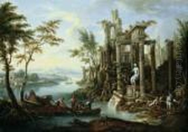 Umkreis Weite Flusslandschaft 
Mit Antiker Tempelruine. Ol Auf Leinwand . H 65; B 92 Cm. Ein 
Kompositorisch Durchaus Vergleichbares Gemalde Jannecks Wurde Im 
Dorotheum, Wien, Am 22.03.2001 Als Oil Painting by Frans Christoph Janneck
