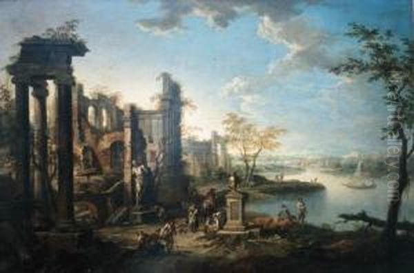 An Italianate River Landscape With Figures Resting By Classical Ruins Oil Painting by Frans Christoph Janneck