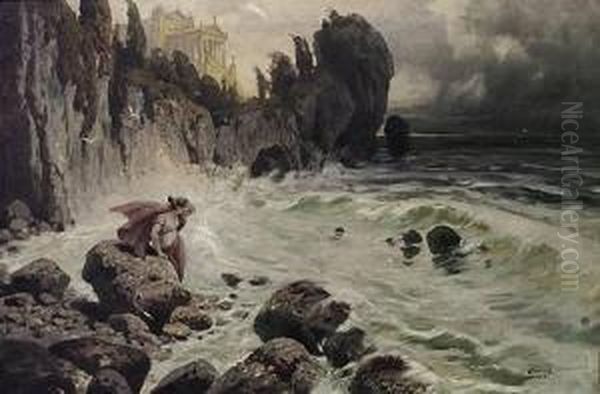 Hero Am Strand Von Sestos Blickt
 Suchend Uber Den Hellespont Nach Ihrem Geliebten Leander Oil Painting by Georg Janny