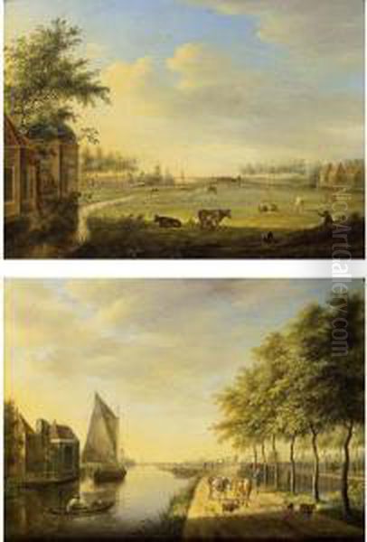 A View Of A Canal With Boats By A
 Village And A Shepherd With His Cattle On A Path; An Extensive 
Landscape With A Woman Milking A Cow, With Cattle And Horses In A 
Meadow, A Mill In The Distance Oil Painting by Johannes Janson