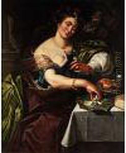 Junge Frau Mit Weinglas Und Einem Affchen An Einem Gedeckten Tisch Oil Painting by Abraham Janssens