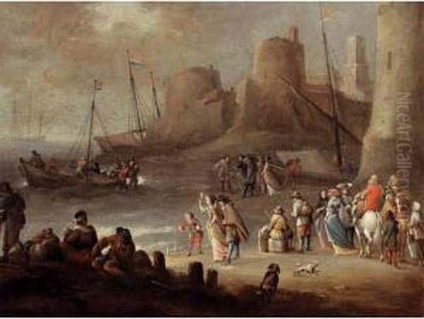 A Mediterranean Coastal 
Landscape With Elegant Figures On A Beach With Fishermen Unloading Their
 Catch, A Fortified Town Beyond Oil Painting by Hieronymus Janssens