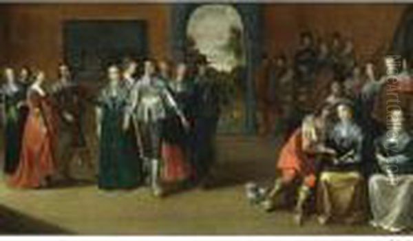 An Interior With Elegant Ladies 
And Gentlemen Dancing And An Orchestra Playing Music In The Background, A
 View Of A Garden Through A Door Beyond Oil Painting by Hieronymus Janssens