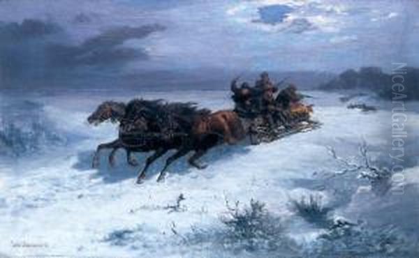 Polowanie Na Wilki, Ok. 1890 R. Oil Painting by Jozef Jaroszynski