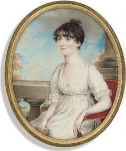 A Lady, In White Dress With 
Short Lace-bordered Sleeves, Seated On Gilt-metal Studded Red Leather 
Chair, Holding A Book In Her Right Hand, Upswept Dark Hair; Pillar, 
Balustrade, Foliage And Sky Background Oil Painting by Roger Jean