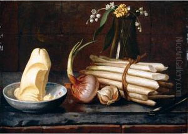A Still Life Of Asparagus, An 
Onion, Garlic, Butter In A Bowl And Flowers In A Glass Vase, All On A 
Marble Ledge Oil Painting by Nicolas Henry Jeaurat De Bertry