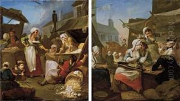A Country Market Scene With A 
Maid Overturning A Basket Of Eggs; And A Market Scene With Peasants 
Drinking And Music-making At A Table Oil Painting by Etienne Jeaurat