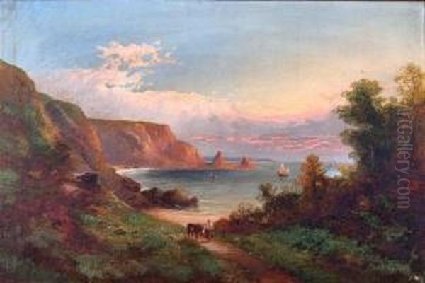 A Lady And Donkey On A Coastal Path In An Extensive Coastal 
Landscape With Fishing Boats On The Water, Probably Torbay, South 
Devon Oil Painting by George Henry Jenkins