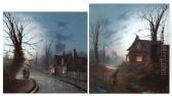 Figures On A Lane Before A House
 At Dusk,together With Another Of A Young Maid Carrying A Bundle Of 
Faggots,before A House At Dusk Oil Painting by Wilfred Jenkins