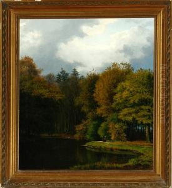 Forest Scenery With A Recently 
Engaged Couple Walking At The Shore. Signed With A Monogram Oil Painting by Edvard Michael Jensen