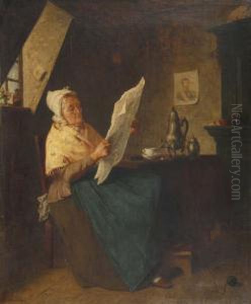 Some Interesting News Aninterior
 With Seated Lady Reading A Newspaper Beside A Table Withan Urn Of Tea, A
 Portrait Of An Officer On The Wall Beyond Oil Painting by August Jernberg