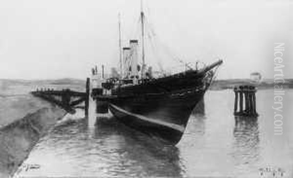 Ein Dampfschiff Im Hafenbecken. 
Signiert Unten Links: O. Jernberg. Monogrammiert Und Datiert Unten 
Rechts: Oj 23.7.87. Ol Auf Leinwand, Auf Karton Aufgezogen. H 37; B 61 
Cm. Oil Painting by August Jernberg