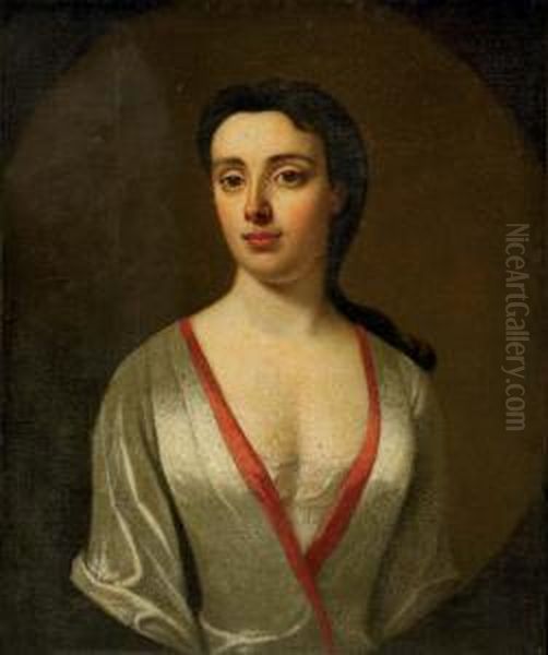 Portrait Of A Rebecca Rutter Of 
Moor Hall, Cheshire, In A White Silk Dress With A Red Trim, In A Feigned
 Oval Oil Painting by Charles Jervas