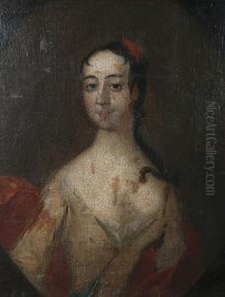 Portrait Of A Lady In A Yellow 
Dress, With A Red Shawl And A Red Feather On Her Hair Within A Painted 
Oval Oil Painting by Charles Jervas