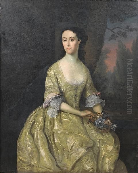 Portrait Of A Lady, 
Three-quarter-length, In A Yellow Silk Dress Holding A Basket Of Flowers Oil Painting by Charles Jervas