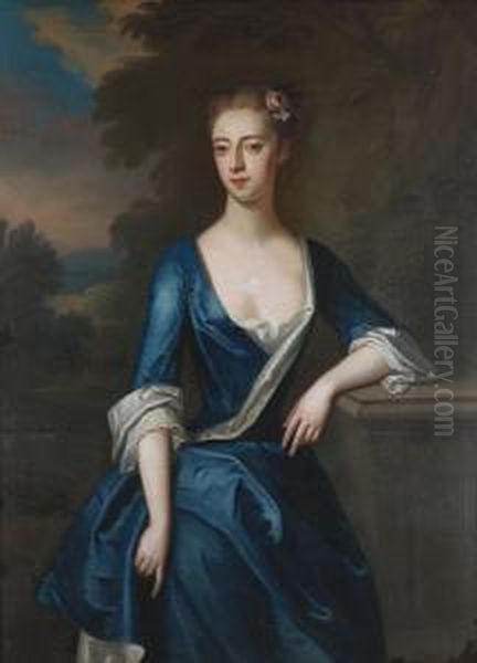 Portrait Of A Lady, Said To Be 
Elizabeth Patheriche, Standing Three-quarter-length, In A Blue And White
 Dress With Flowers In Her Hair Oil Painting by Charles Jervas