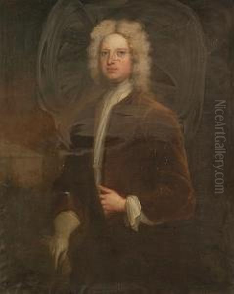 A Portrait Of Sir Edward Bacon, 
Standing Three-quarter Length, In Powdered Wig And Russet Coat, His 
Gloved Hand Holding A Stick Oil Painting by Charles Jervas