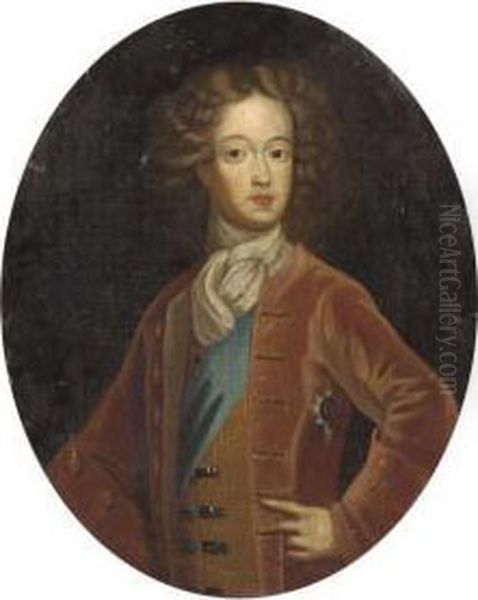Portrait Of A Gentleman, 
Half-lenght, Wearing The Knight Of The Garter, In A Red Jacket And White
 Cravat Oil Painting by Charles Jervas