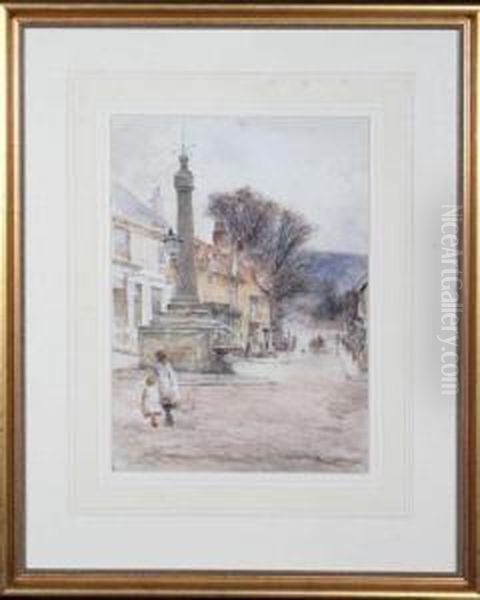 Guisborough Market Square With Two Small Girls In The Foreground Oil Painting by Robert Jobling