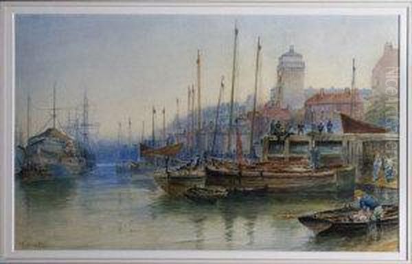 North Shields Harbour With 
Fishing Boats In The Foreground And The Wellesley In The Middle Distance Oil Painting by Robert Jobling