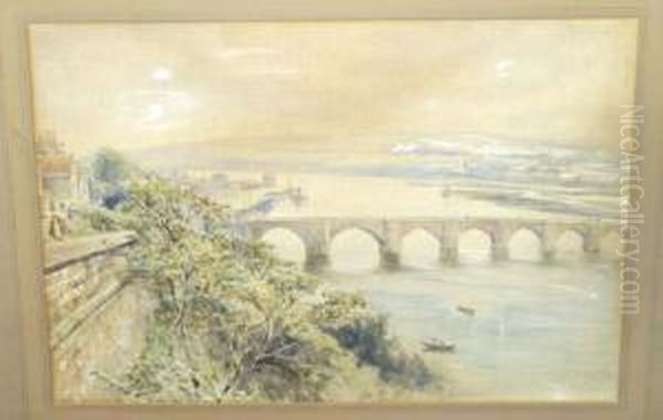 View Of A Bridge And River With 
Figures Beside Cottages Nearby, Possibly A Scene On The Tyne Signed Oil Painting by Robert Jobling