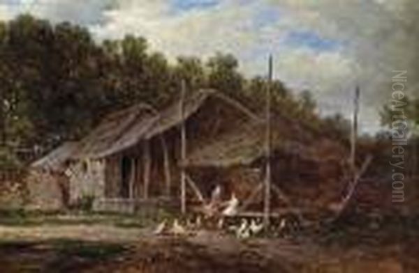 A Farm Yard Oil Painting by David Johnson