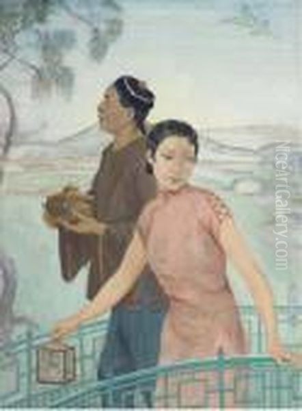 Portrait Of Two Oriental Figures Oil Painting by Ernest Borough Johnson