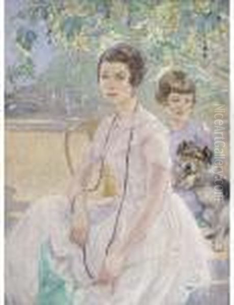 Portrait Of A Mother And Child, 
Seated Three-quarter-length, Insummer Dresses, With A Parasol And A 
Puppy Oil Painting by Ernest Borough Johnson