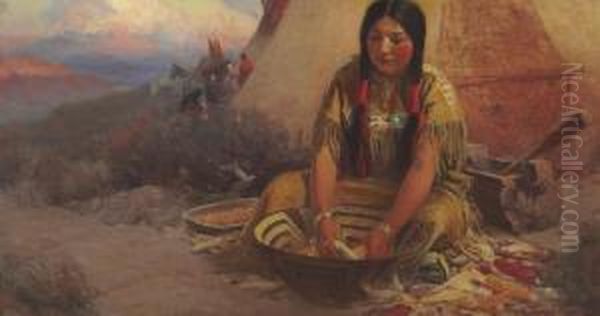 Indian Encampment At Twilight Oil Painting by Frank Johnson