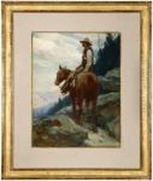 Cowboy On Horseback On A Mountain Trail Oil Painting by Frank Johnson