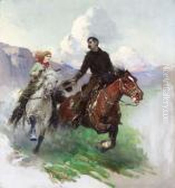 Riding Hard With Two Shooters Oil Painting by Frank Johnson