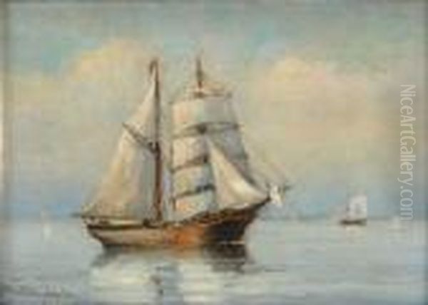Brigantine Off A Coast Oil Painting by Johnson, Marshall