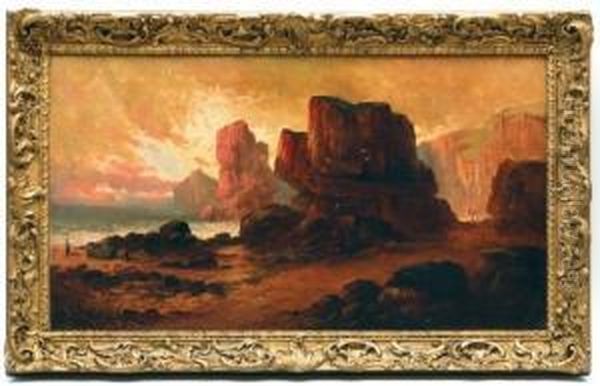 Paisaje Rocoso De Playa Con Pescadores Oil Painting by Sidney Yates Johnson