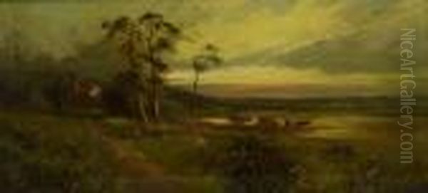 Cattle Watering At Sunset Oil Painting by Sidney Yates Johnson