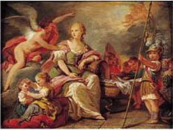 Allegorie A Une Naissance Royale
 : La France Protege Le Berceau Et Les Trois Etats L'entourent : La 
Noblesse (l'enfant Militaire), Le Clerge (enfant Tenant Une Mitre) Et Le
 Tiers (deux Enfants Jouant) Oil Painting by Nicolas Rene Jollain