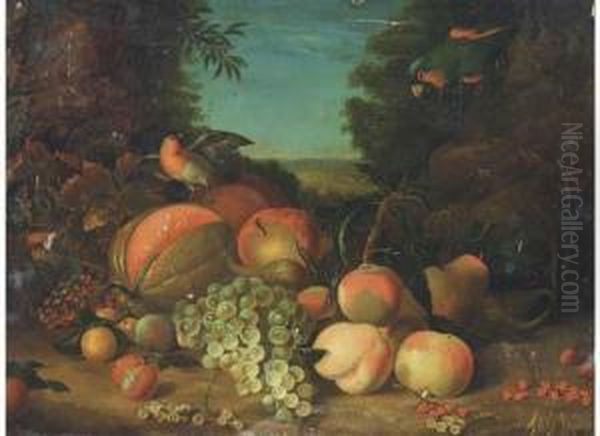 Still Life Of Grapes, Peaches, 
Plums, Berries And A Melon, With Arobin And Parrot To The Side Oil Painting by William Jones Of Bath
