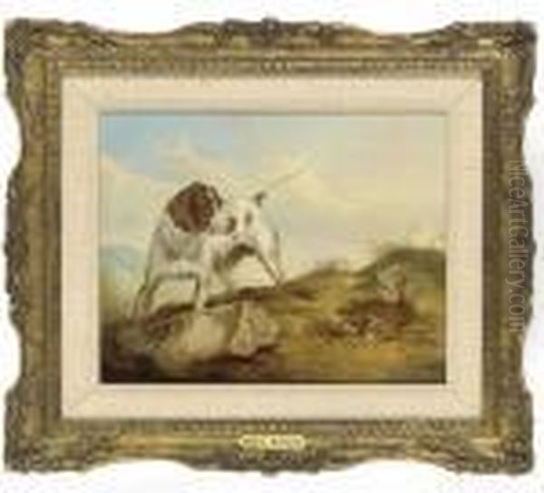 A Gundog In Pursuit Of A Grouse Oil Painting by Paul Jones