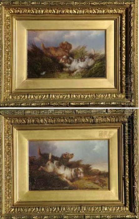 5 1/2in. X 9in. On Panels 
Terriers Pursuing Rabbits And Retrievers With Waterfowl One Signed. See 
Illustration Oil Painting by Paul Jones