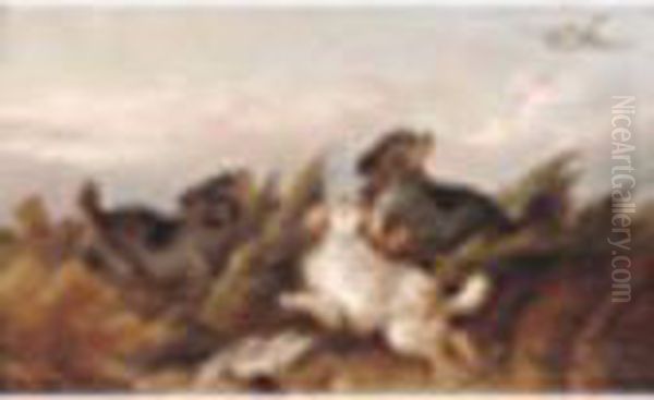 Spanielputting Up Duck; Terriers
 Rabitting A Pair, Both Signed, Oil Oncanvas Each 7 X 11in Oil Painting by Paul Jones