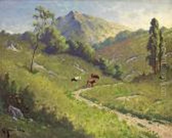 Cattle Grazing With Mt. Tamalpais In The Distance Oil Painting by Carl Henrik Jonnevold
