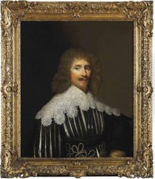 Portrait Of A Gentleman, 
Presumably Of The Wilbraham Family, Half-length, In A Black Slashed 
Doublet With A Lace Collar Oil Painting by Cornelius Janssens Van Ceulen