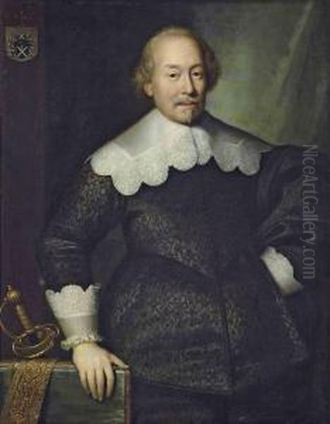 Portrait Of A Member Of The 
Hoeufft Family, Possibly Arnold Hoeufft, Of Cologne, 
Three-quarter-length, In A Black Doublet With Lace-edged Collar And 
Cuffs, His Right Hand On A Table With His Sword With The Hoeufft 
Coat-of-arms Oil Painting by Cornelius Janssens Van Ceulen