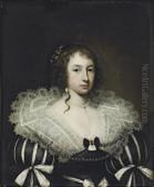 Portrait Of A Lady, Bust-length,
 In A Black-and-white Dress With A Lace Collar, With A Pearl Necklace, 
Earrings And Ribbons In Her Hair Oil Painting by Cornelius Janssens Van Ceulen