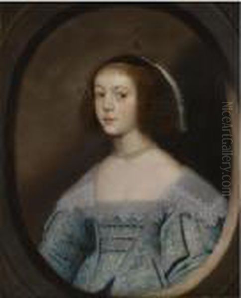 Portrait Of A Young Lady, Half 
Length, Wearing A Blue Embroidereddress And A Pearl Necklace, In A 
Painted Oval Oil Painting by Cornelius Janssens Van Ceulen