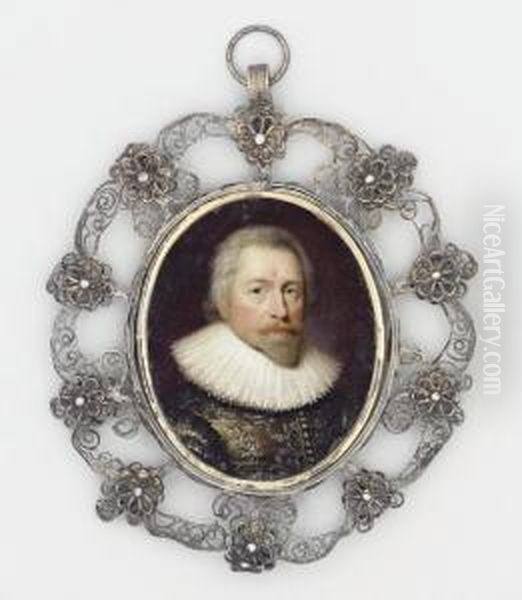 A Gentleman, In 
Silver-embroidered Grey Doublet, White Lace Ruff, Moustache And Small 
Pointed Beard Oil Painting by Cornelius Janssens Van Ceulen