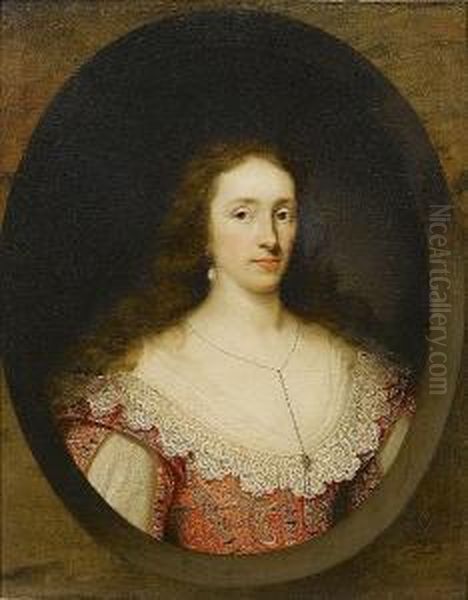 Portrait Of A Lady Of The 
Chetwynd Family, Bust-length, In A Red Brocade Dress With Lace Trim, A 
Miniature With Her Coat-of-arms Hanging From Her Neck, In A Painted Oval
 With A Marble Surround Oil Painting by Cornelius Janssens Van Ceulen