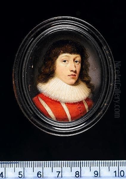 Thomas Wentworth, 1st Earl Of 
Strafford (1593-1641), Wearing Red Doublet Slashed To Reveal White And 
Lace Edged Falling Collar. Oil Painting by Cornelius Janssens Van Ceulen