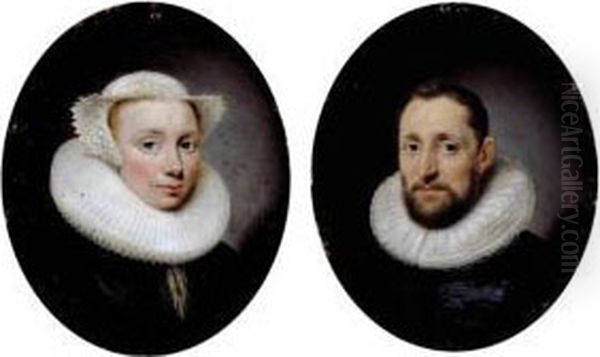 Portrait Of Theoderick Hoste 
(1588-1663), Bust-length, In A Black Doublet With A Lace Ruff; And 
Portrait Of His Wife Jane Hoste (nee Desmaistres 1596-1661), 
Bust-length, In A Black Dress With A Lace Ruff And Bonnet Oil Painting by Cornelius Janssens Van Ceulen